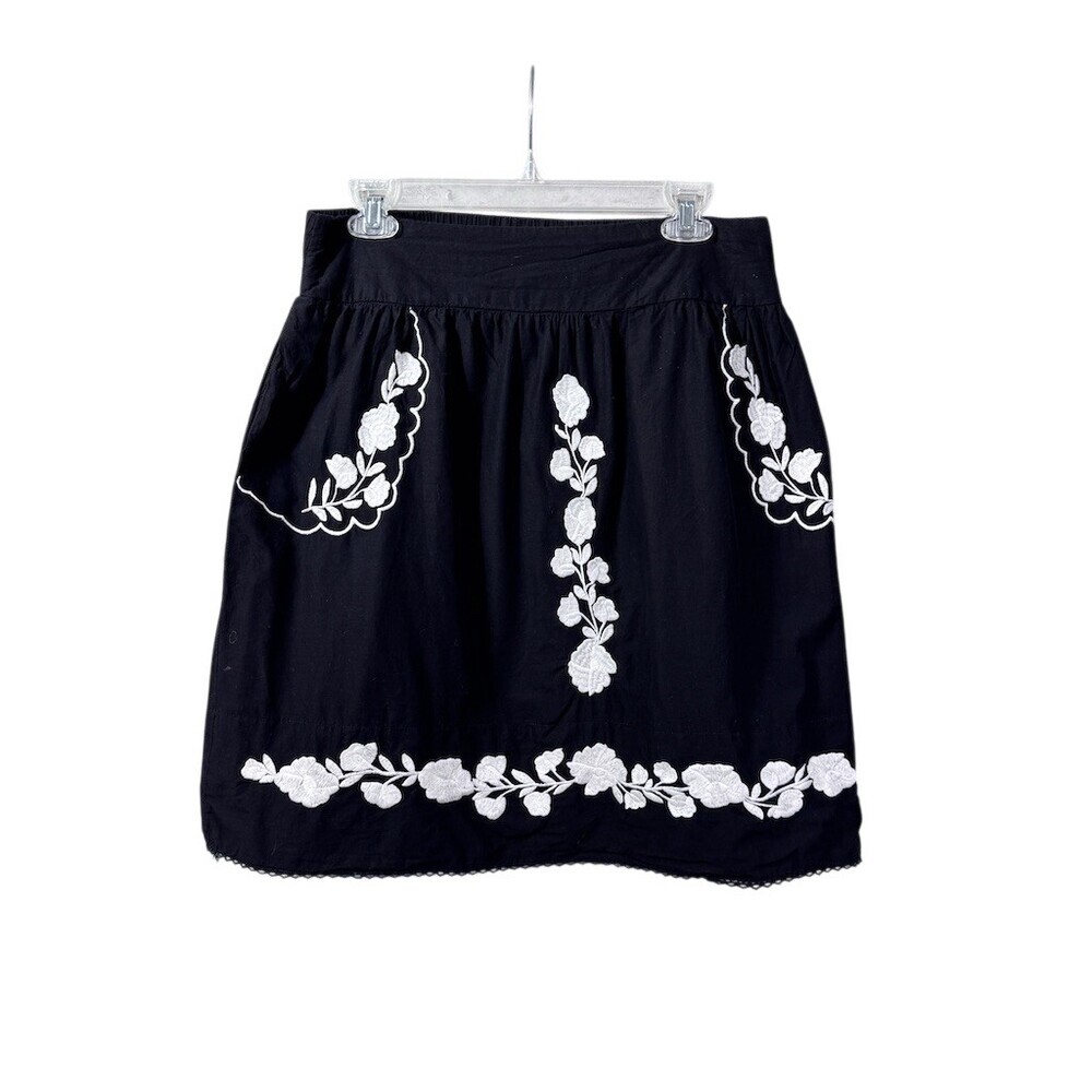 Solitaire Cotton Skirt Womens Size M Black Floral Embroidered Mini Boho Peasant
